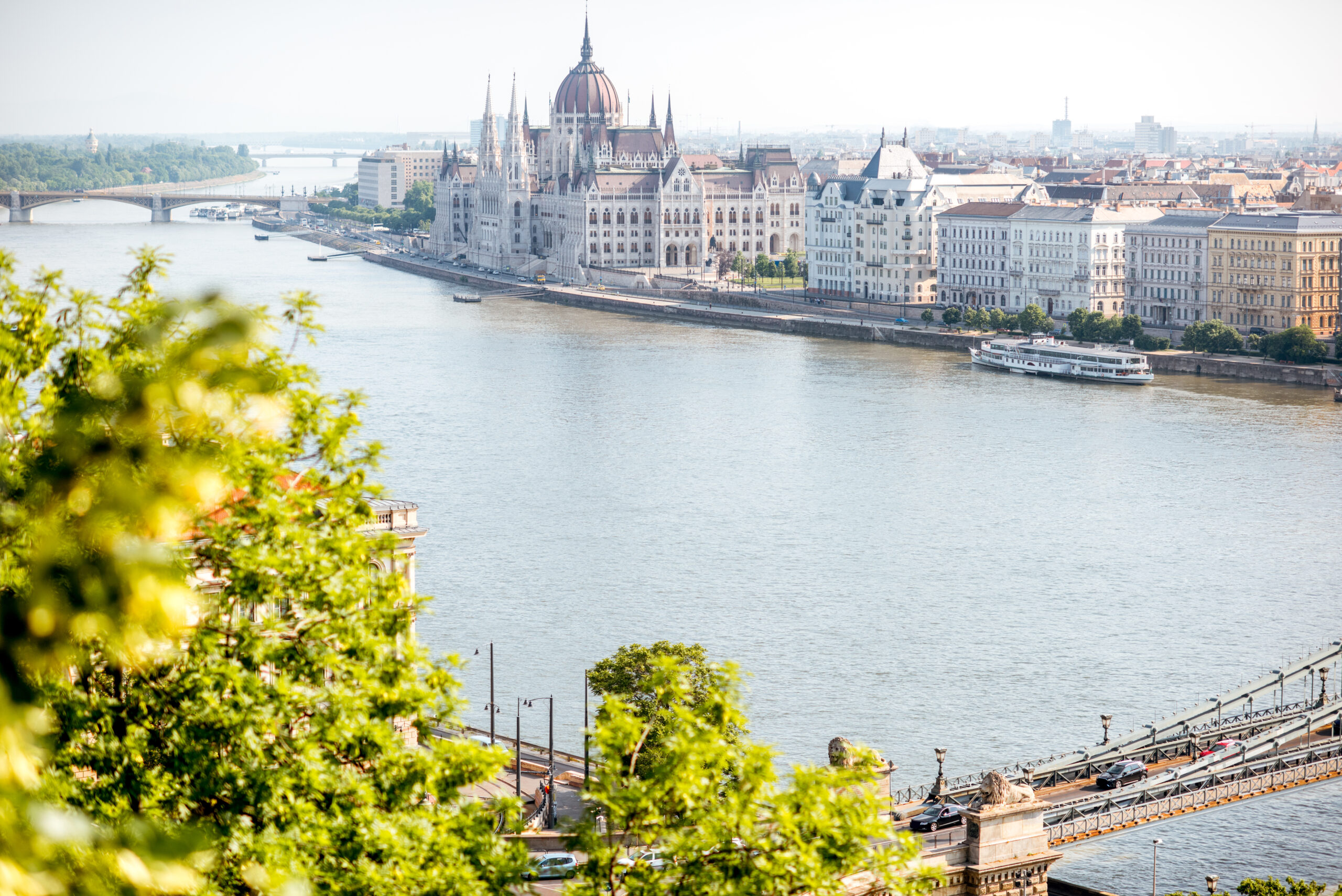 Landscape view on Budapest city with famous Parliament building on Danube river during the morning light in Hungary