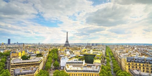 Eiffel Tower landmark, view from Arc de Triomphe. Paris cityscape. France, Europe.