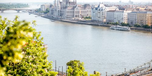 Landscape view on Budapest city with famous Parliament building on Danube river during the morning light in Hungary