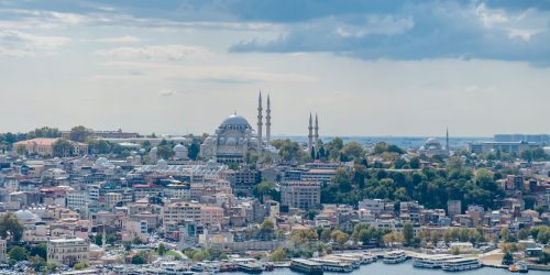 Top view from Galata Tower in Istanbul. Panorama of Istanbul on a cloudy day.